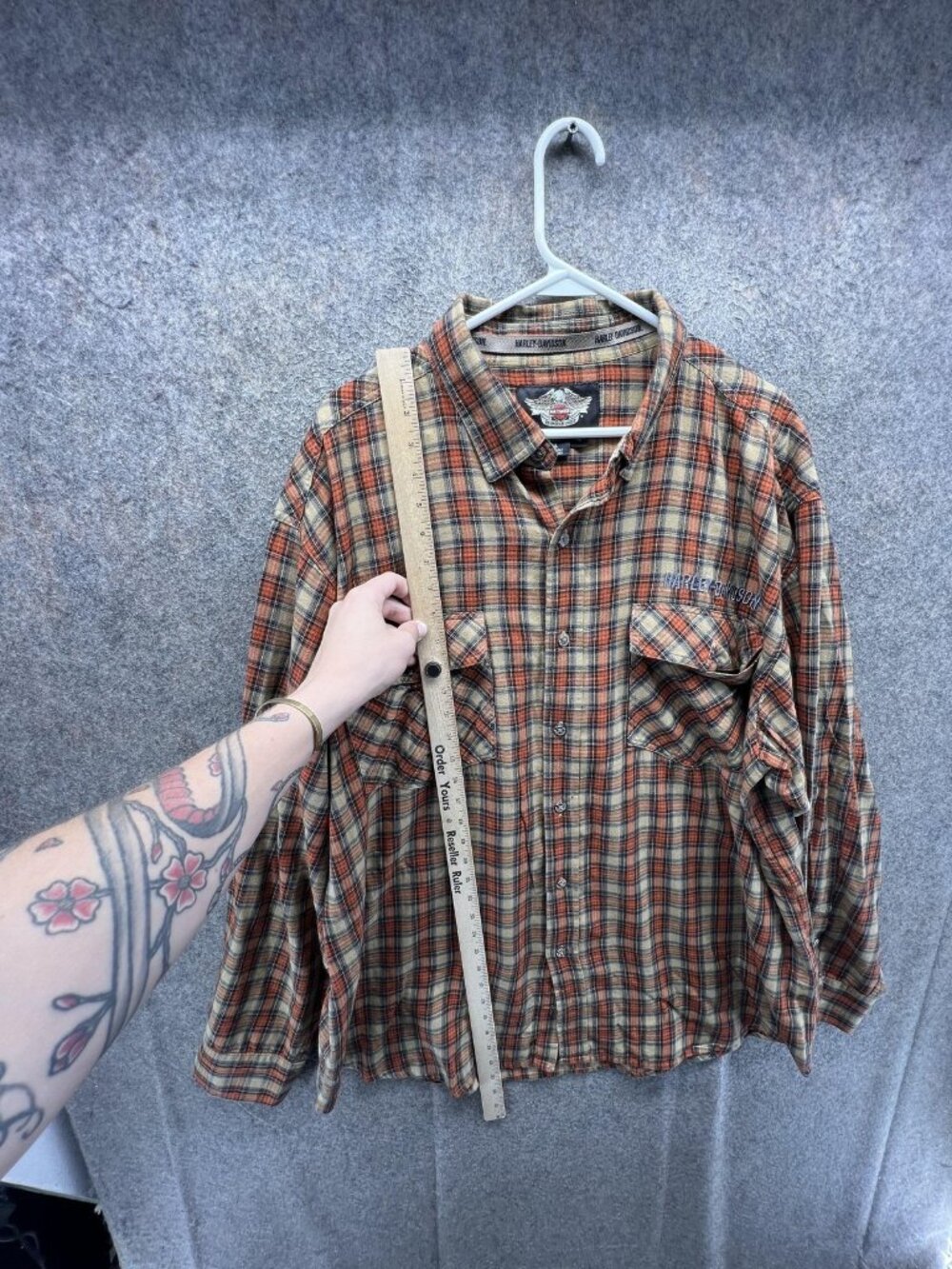 Harley-Davidson Shirt Mens XL Orange Plaid Long Sleeve Snap Front Flannel Casual - Picture 5 of 10